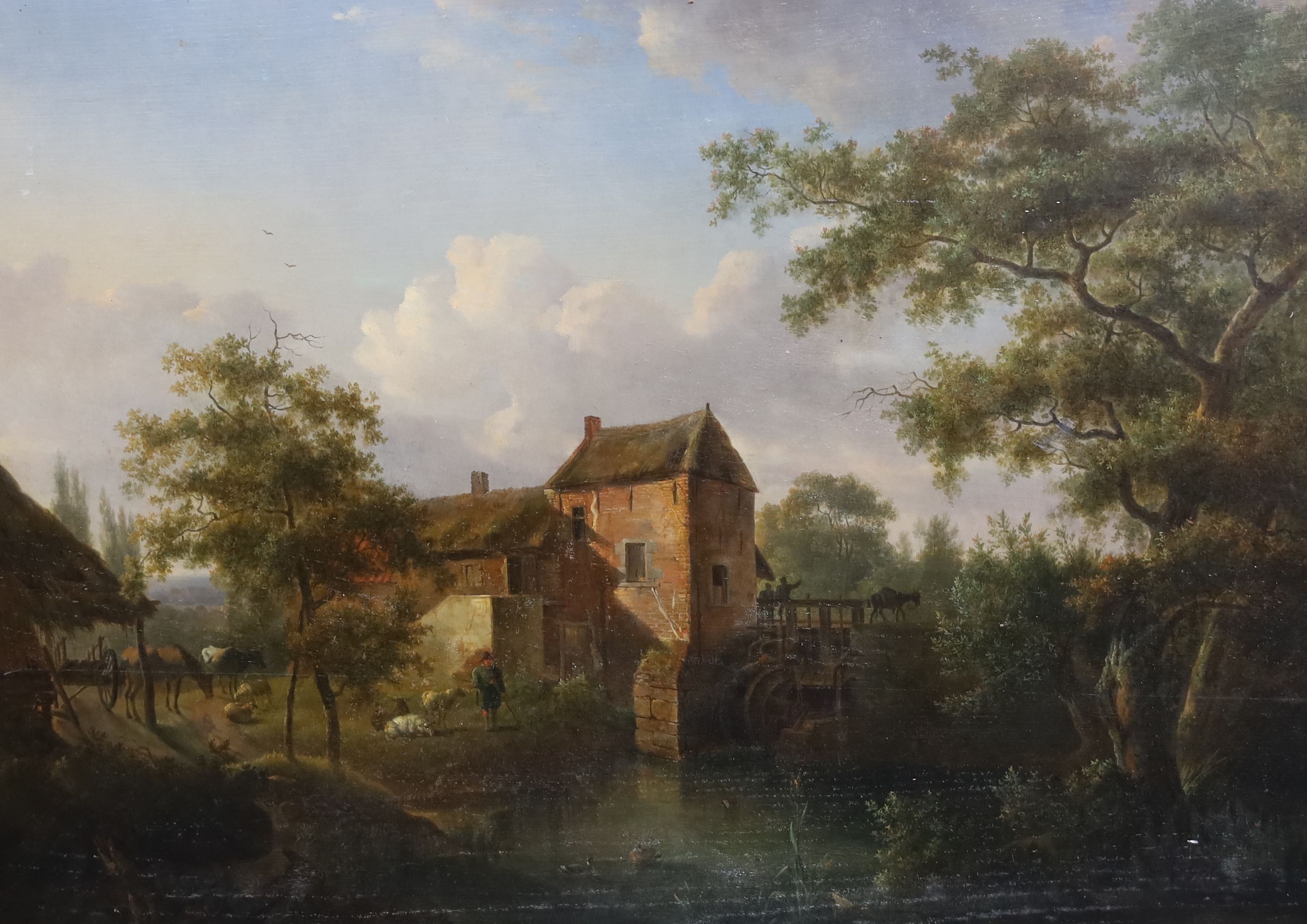 Julien Joseph Ducorron (1770-1848), Figures beside a watermill, oil on wooden panel, 67 x 92cm.